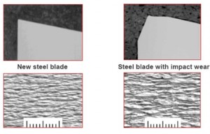 Figure 8 Impact of steel blade wear on crepe structure. New steel blade on left, Steel blade with Impact Wear on right